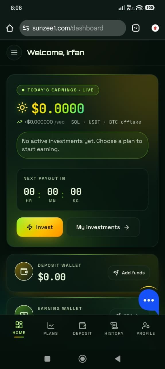 Sunzee1 logged-in dashboard: a live 'Today's Earnings' counter, a per-second increment, a next-payout countdown timer, an Invest button and deposit and earning wallet balances.