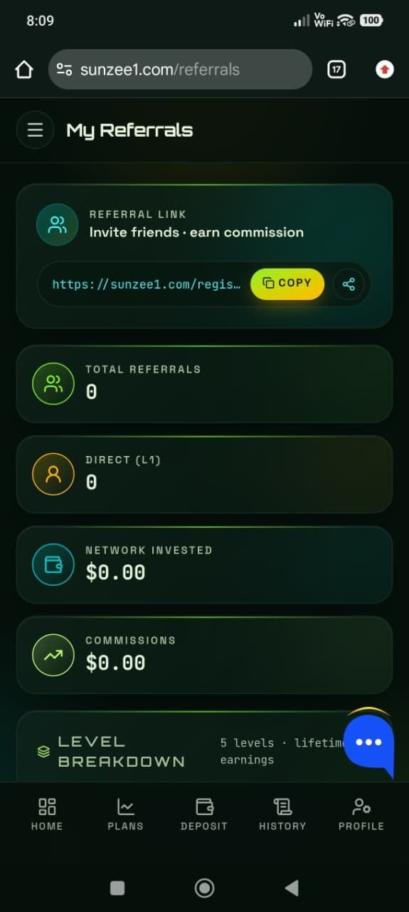 Sunzee1 My Referrals page: a copyable invite link labelled 'invite friends, earn commission', total referrals, direct L1 count, network invested, commissions earned, and a 5-level lifetime-earnings breakdown.